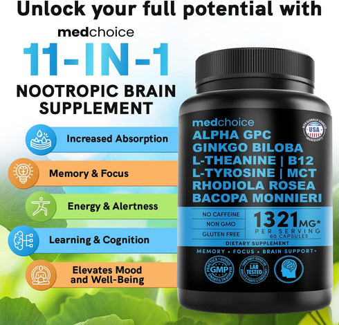 11-in-1 Nootropic Brain Supplements: Memory & Focus Supplement with Ginkgo Biloba, L Theanine, Bioperine, & Alpha GPC Choline - 1321mg, 60ct - Sti...