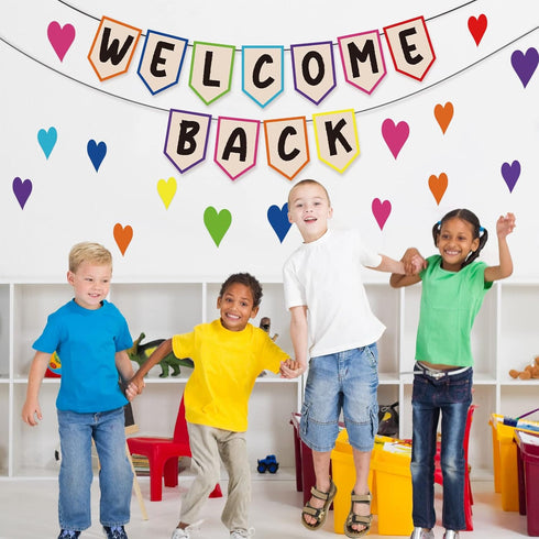 Mixweer 61 Pcs Welcome Back Banner Welcome Bulletin Board Set Boho Classroom Decor Classroom Borders for Bulletin Board Hearts Accents for First D...