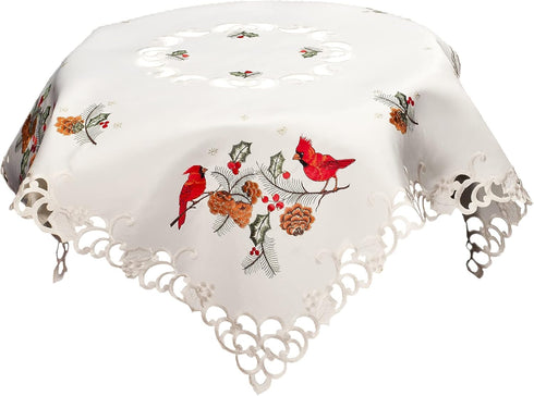 Embroidered Christmas Red Cardinals and Pine Cones on Ivory Table Topper, Small Tablecloth (33 Inch Square)...