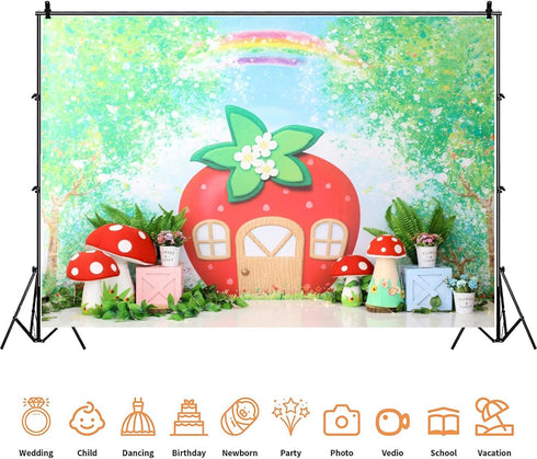 Yeele 7x5ft Strawberry Birthday Backdrop Cartoon Green Tree Rainbow Mushroom House Photography Background Berry One Sweet Girl Birthday Baby Showe...