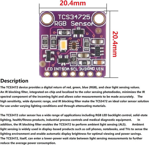 2 Pcs TCS34725 Color Sensor Module Applications Including RGB LED Backlight Control for Arduino...