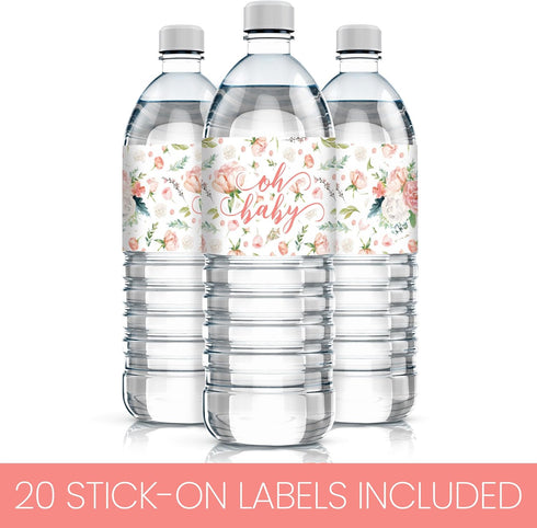 Baby in Bloom Baby Shower Water Bottle Labels, 20 Waterproof Stickers for Pink Floral Boho Girl Baby Shower...