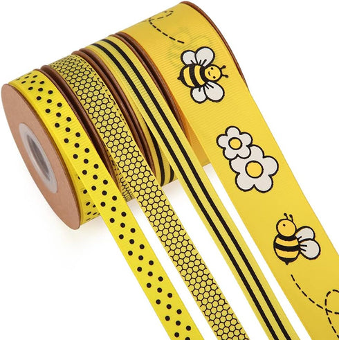 Bee & Flower Grosgrain Ribbon Yellow Black White for Gift Wrapping,Party Decoration,Hair Bows,All Crafting and Sewing (4 rolls bee set)...