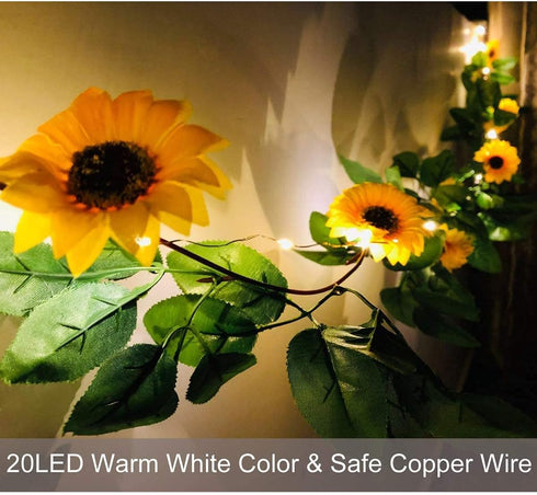 Fielegen 20 LED Artificial Sunflower Garland String Lights, 6.56ft Silk Sunflower Vines with 9 Flower Heads Battery Powered Fairy String Lights fo...