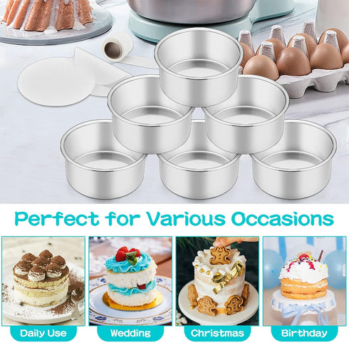 TeamFar 4 Inch Cake Pans, 6 PCS Stainless Steel Small Round Cake Pan with Side Liner Roll, Non-Toxic & Sturdy, Non-Stick & Heat-Resistant, Dishwas...