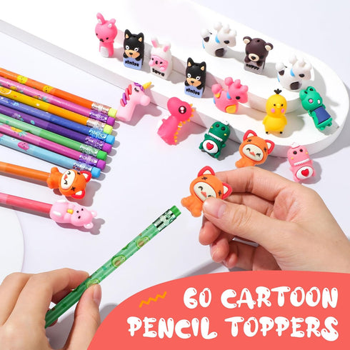Thenshop 30 Pcs Scented Pencils for Kids Fruit Scent HB Graphite Pencils Bulk with 30 Pcs Cartoon Pencil Toppers Animal Cute Pencil Cap Gift for S...