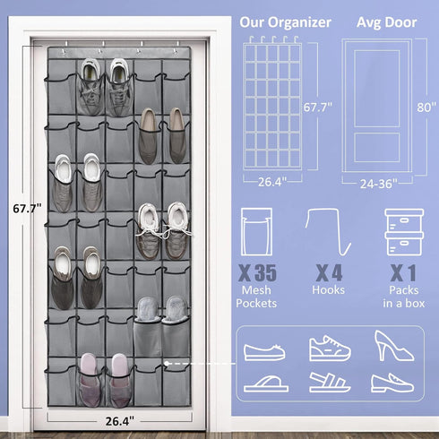 Over the Door Shoe Organizers 35 Mesh Pockets Hanging Shoe Organizer Shoe Rack for Closet Entryway Bedroom Bathroom Pantry Shoe Holder for Men Sne...