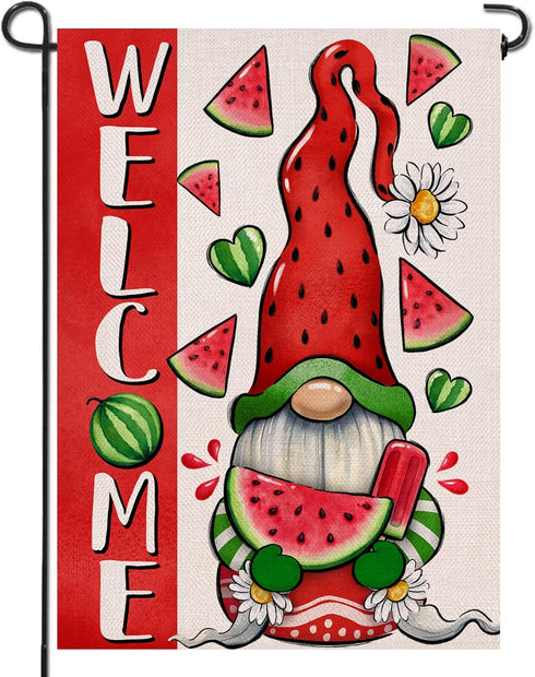 Welcome Summer Watermelon Gnome Small Decorative Garden Flag, Popsicle Daisy Yard Lawn Outside Decor, Seasonal Farmhouse Burlap Outdoor Home Decor...