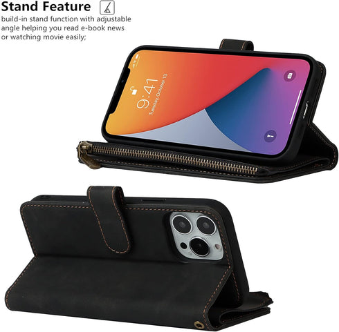 iCoverCase Compatible with iPhone 13 Pro Wallet Phone Case with Card Holder, PU Leather Zipper Pocket Magnetic Detachable Flip Case with Wrist Str...