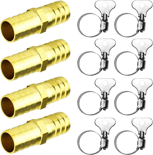 4 Pack Brass Garden Hose Connector with Stainless Steel Clamps, Garden Hose Repair Kit, Garden Hose Fittings, Fits 3/4" - 5/8" Water Hose Repair F...