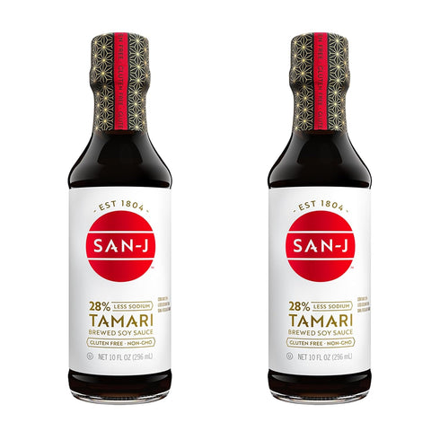 San-J - Gluten Free Tamari Soy Sauce with 28% Less Sodium - Specially Brewed - Made with 100% Soy - 10 oz. Bottles - 2 Pack...