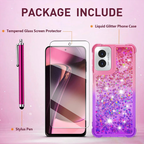 for Moto G Play 2024 Case with Screen Protector, Cute Women Girls Glitter Bling Liquid Floating Phone Case Slim TPU Soft Silicone Shockproof Girly...