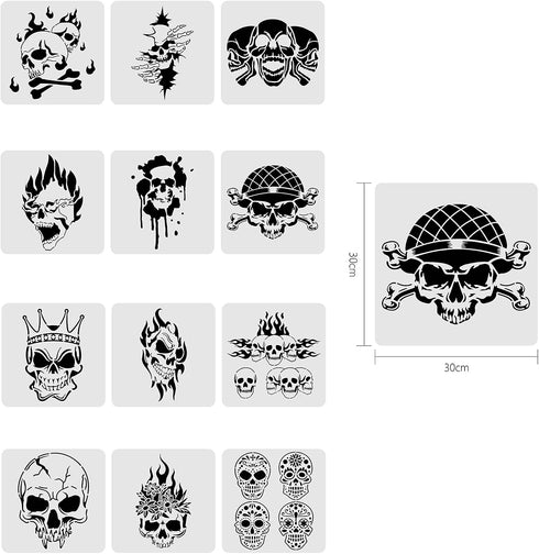 BENECREAT 12PCS Skull Pattern Plastic Drawing Templates, 12x12 Inch Halloween Theme Painting Template Stencil for Scrabooking Card Making, DIY Wal...