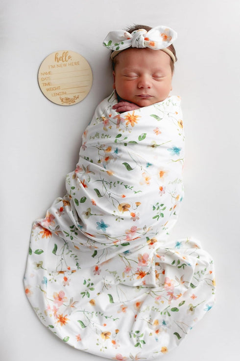 Baby Receiving Blanket Swaddle Blanket Infant Wrap with Matching Headband Beanie and Name Card (Green Leaf Flower)...