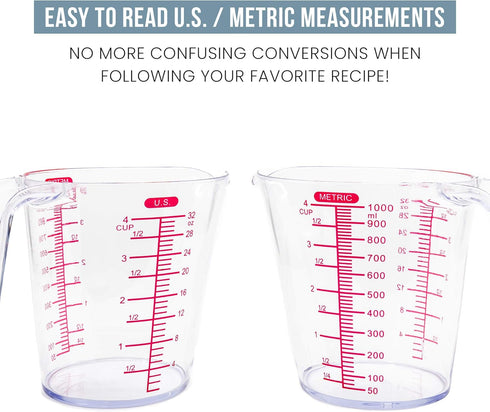 Chef Pomodoro 3-Piece Liquid Meausuring Cups Set - Ml and Oz Measuring Cup - Includes 1, 2 and 4 Cup, BPA-Free Plastic Measuring Cups for Liquids,...