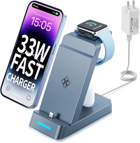 3 in 1 Charging Station for Apple - 33W Fast Multi Charging Station for iPhone 14/13/12/11, Apple Watch and AirPods (33W USB-C Charger Included)...