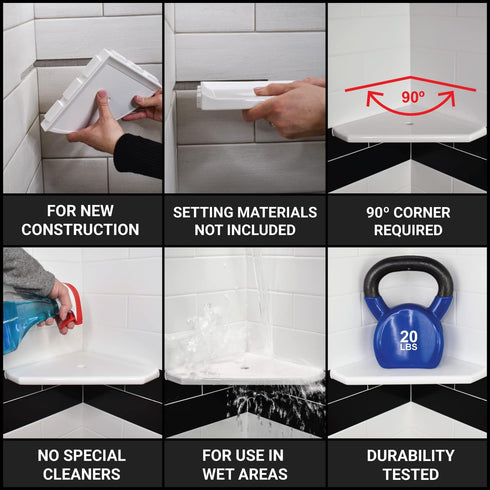 Questech Decor Shower Soap Dish, Lugged for New Construction, Corner Shower Shelf for Tiled Shower Walls, 5 Inch Geo Lugged Shower Corner Shelf, G...