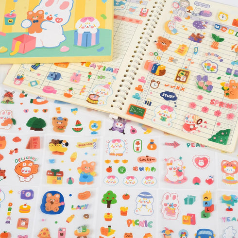 Kawaii Cartoon Bear Journaling Stickers - 100 Sheets Cute Rabbit Animal Transparent PET Scrapbooking Clipping Supplies Calendar Decals Sticker for...