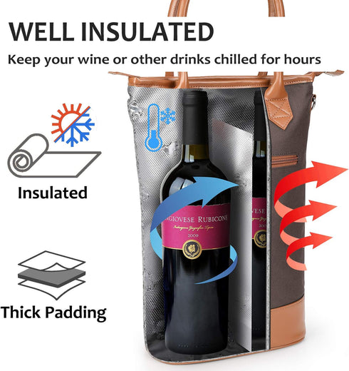 Tirrinia Insulated Wine Gift Carrier Tote - Travel Padded 2 Bottle Wine/Champagne Cooler Bag for Portable Wine Bottle Carrying Case, Women Men Eve...