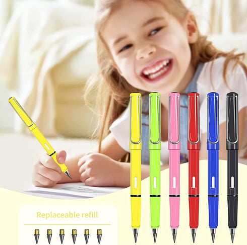 6Pcs Everlasting Pencil, Inkless Pencil Eternal with 6pcs Replacement Nibs, Inkless Pen Unlimited Writing Pencil, Reusable Erasable Pencil for Stu...