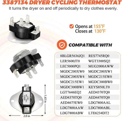 Upgrade 3387134 High-Limit Thermostat 3392519 Dryer Thermal Fuse 3977393 Cut-Off Switch 3977767 Cycling Thermostat by Beaquicy - Fit for Whirlpool Kenmore Maytag Dryer - Replaces PS345113 AP6008325