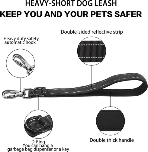YAODHAOD Short Dog Leash, 13inch Heavy Duty Dog Strong Traffic Leash with Locking Carabiner Clip, Nylon Reflective Dog Lead with Padded Handle for...