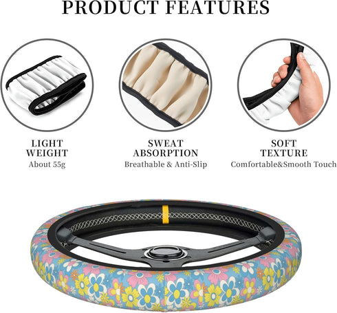 Cute Retro Groovy Flower Boho Hippie Steering Wheel Cover for Women Girls Car Decorations Auto Steering Wheel Cover Universal 15 Inch Fit...