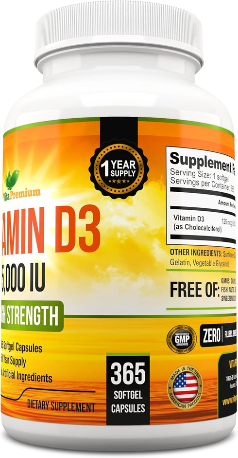 Vitamin D 5000 IU, 365 Easy to Swallow Softgels, High Strength Vitamin D3 5000 IU Supplement - Full Year Supply...