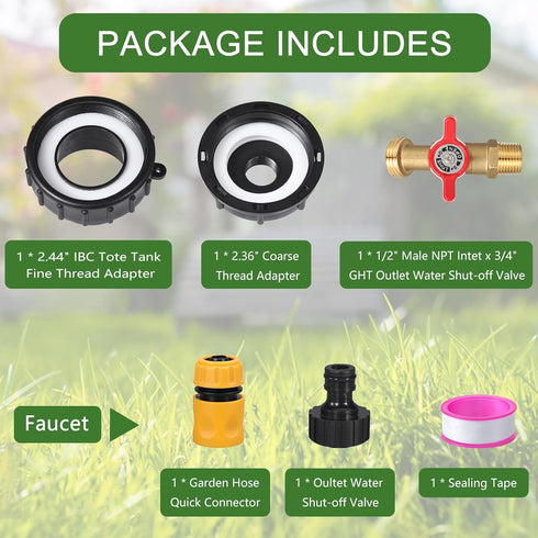 IBC Tote Adapter 2.44" IBC Tote Fittings 275-330 Gallon IBC Tote to Garden Hose Adapter, Brass Hose Faucet Valve+ Garden Hose Quick Connector+ Pla...