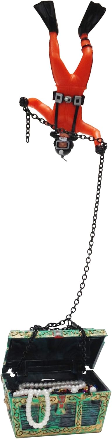 Penn-Plax Aquarium Decoration with Moving Treasure Chest, Floating Diver and Bubble Action, 4 Inches High...