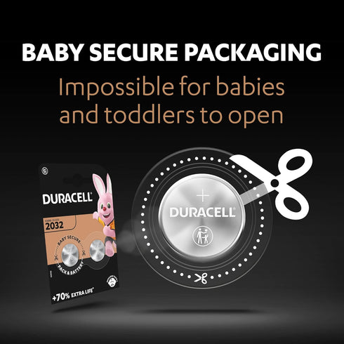 Duracell Specialty 2032 Lithium Coin Battery 3 V, Pack of 4, with Baby Secure Technology (CR2032)...