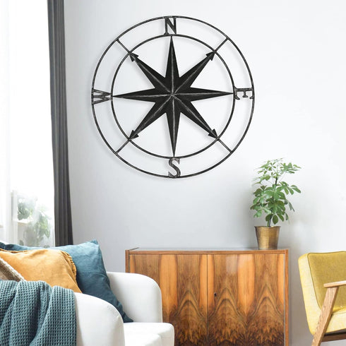aboxoo Round Metal Compass Decorative Compass Metal Wall Art Hanging Wall Sculpture 11 Inch Black Diameter Farmhouse Decor Indoor or Outdoor Sign...