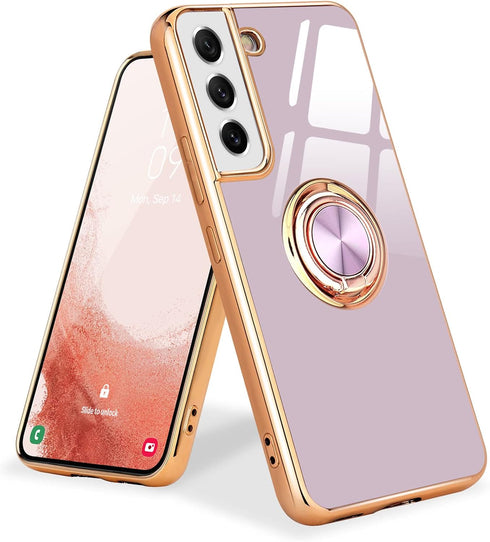 Compatible with Samsung Galaxy S21 Case, Finger Ring Holder Case Rose Gold Plating Design for Women Girls Rotating Holder Kickstand Magnetic Shock...