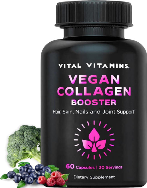 Vital Vitamins Vegan Collagen Booster - Plant Collagen Supplements - Supports Hair, Skin, Nails & Joints - with Hyaluronic Acid - 60 Capsules...