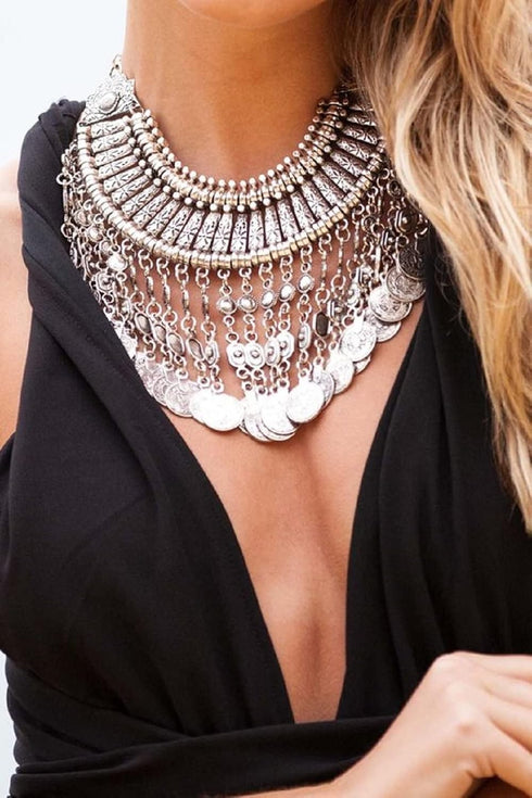 MJartoria Statement Necklace for Women, Boho Collar Choker Coin Tassel Ethnic Gypsy Chunky Necklace Antique Silver Color Bib Festival Halloween Ca...