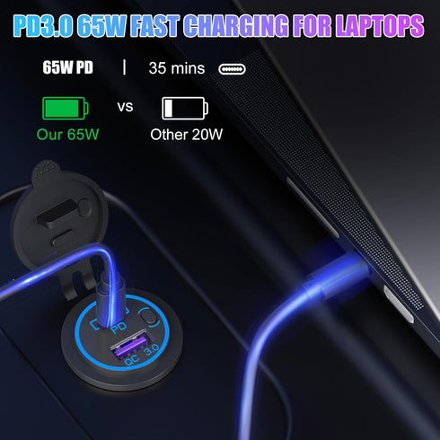Boostable 12V USB C Outlet 65W PD3.0 Port and 18W Quick Charge 3.0 Car USB Charger Socket for Laptops Tablets Phones, Waterproof 12V/24V Socket wi...