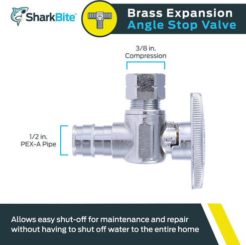 SharkBite 1/2 Inch (3/8 Inch OD) Expansion Angle Stop Valve Connector for PEX-A Pipe, Brass Plumbing Fittings, Stop Valve for PEX-A Tubing, UAB230...