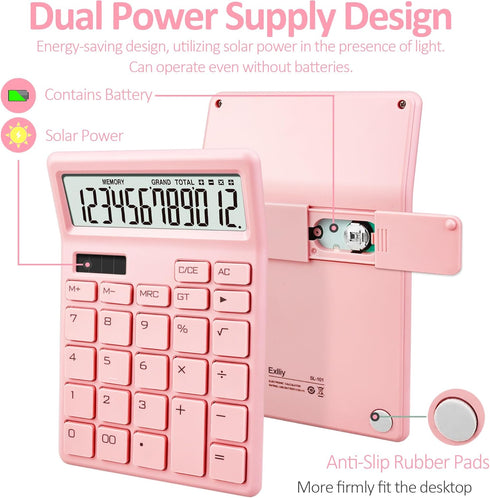 Standard Calculator 12 Digit,Pink Desktop Dual Power Battery and Solar,Desk Calculators with Large LCD Display,Perfect for Home, Office,and School...