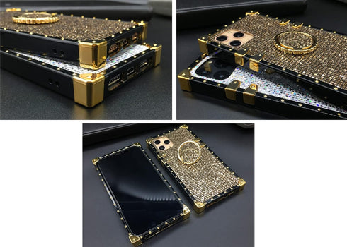 for iPhone 12 Pro Max 6.7" Bling Case Luxury Box Trunk Design Glitter Cute Gold Corner Soft TPU Cover with Ring Kickstand Holder Phone Skin,Gray...