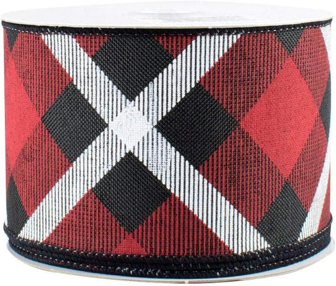 Diagonal Plaid Wired Christmas Ribbon - 2 1/2 inch x 10 Yards, Red Black and White Plaid, Buffalo Checks, Christmas Decorations, Winter Wreath Emb...