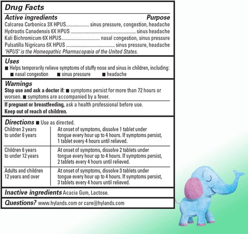 Hyland's Kids Stuffy Nose and Sinus Tablets, Cold Medicine for Children Ages 2 and up, Headache Relief and Nasal Decongestant, Quick Dissolving Ta...
