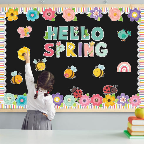 Hello Spring Bulletin Board Flower Bulletin Board Floral Paper Cutouts Floral Bulletin Board Decoration Butterfly Bird Bee Classroom Decor for Kin...