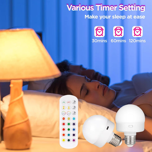 Rechargeable Battery Operated Light Bulb with Remote Control 2 Packs, 350LM Dimmable Detachable LED Bulb with 15 Colors Selectable & 3 Timer, Wire...