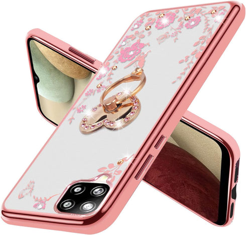 B-wishy for Samsung Galaxy A12 5G Case, Glitter Crystal Butterfly Heart Floral Slim Luxury Bling Diamond Rhinestone Cute Girls TPU Case with Ring ...