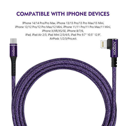 Cable USB-C to Lightning 90 Degree 2Pack 10ft 6ft iPhone Charger Fast Charging Cable Right Angle Cord (Cosmos Purple)......