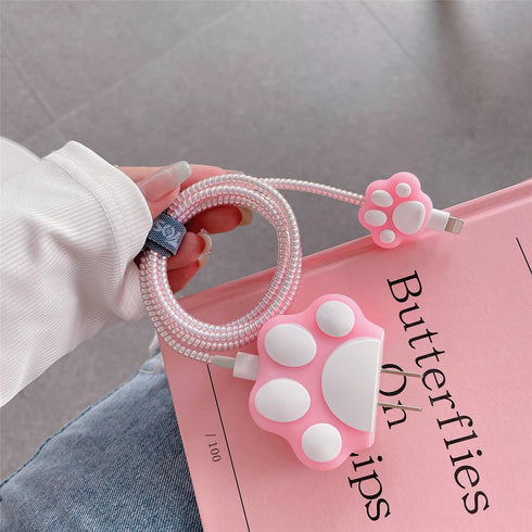 3D Cute Cartoon Charger Protector Case - Compatible for Apple 20W USB-C Power Adapter and Lightning Cable (Pink Cat's Claw)......