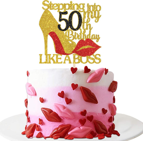 INNORU Gold Red Glitter Stepping into 50 Cake Topper - 50th Birthday Cake Decor - Like a Boss - Happy Birthday Party Cake Decorations...