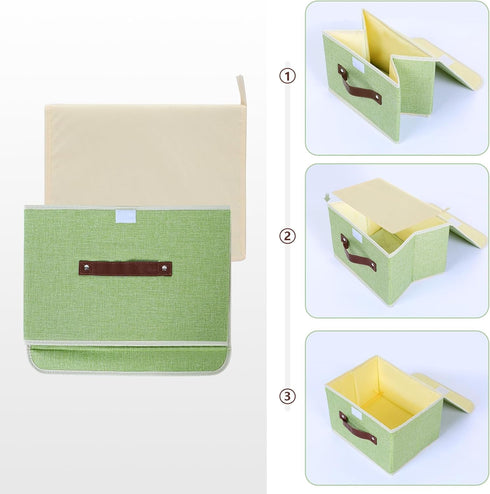 Collapsible Storage Bins with Lids & PU Leather Handles - PP Plastic Board Washable Linen Fabric Storage Box, Foldable Storage Cube for Home Bedro...