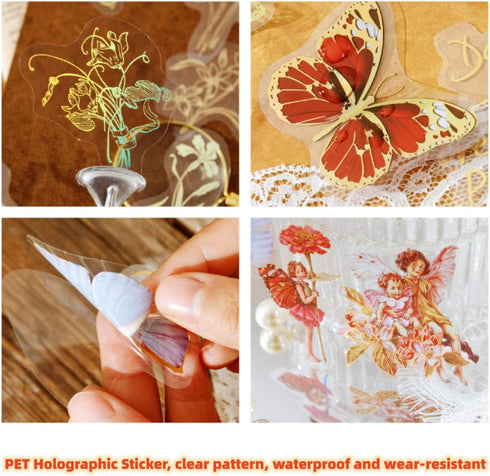 Aromoty Fairy Gold foil Holographic Stickers Set 120Pcs 4 Themes Resin Transparent Butterfly Flowers Floral Sticker Aesthetics Journaling Stickers...