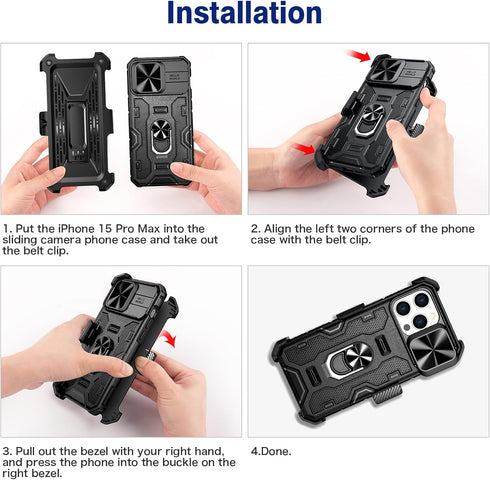 VEGO Armor Case for iPhone 15 Pro Max 5G 2023, Slide Camera Cover & Belt Clip Holster & Magnetic 360°Ring Kickstand Military Grade Heavy Duty Prot...